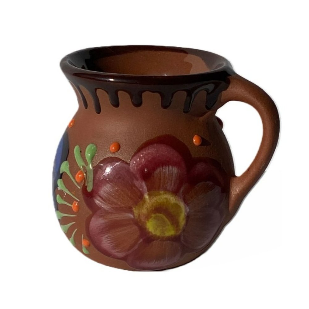 Mexican Jarrito Mug-Hand Painted with Yellow, Blue & Reddish-Brown Flowers